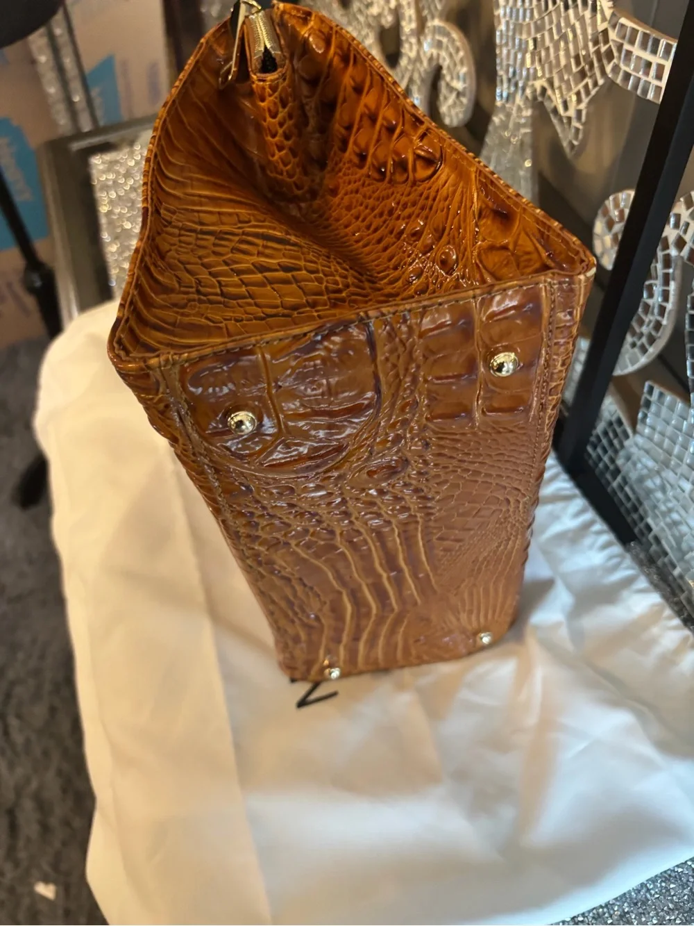🌟Brahmin Croc-Embossed Leather Satchel in Cognac Brown